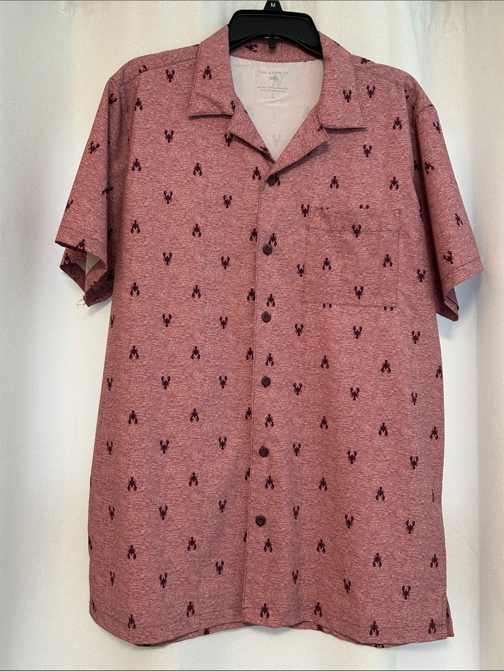Men's Casual Short-Sleeve Button-Down Shirt in Dusty Rose with Lobster Motif